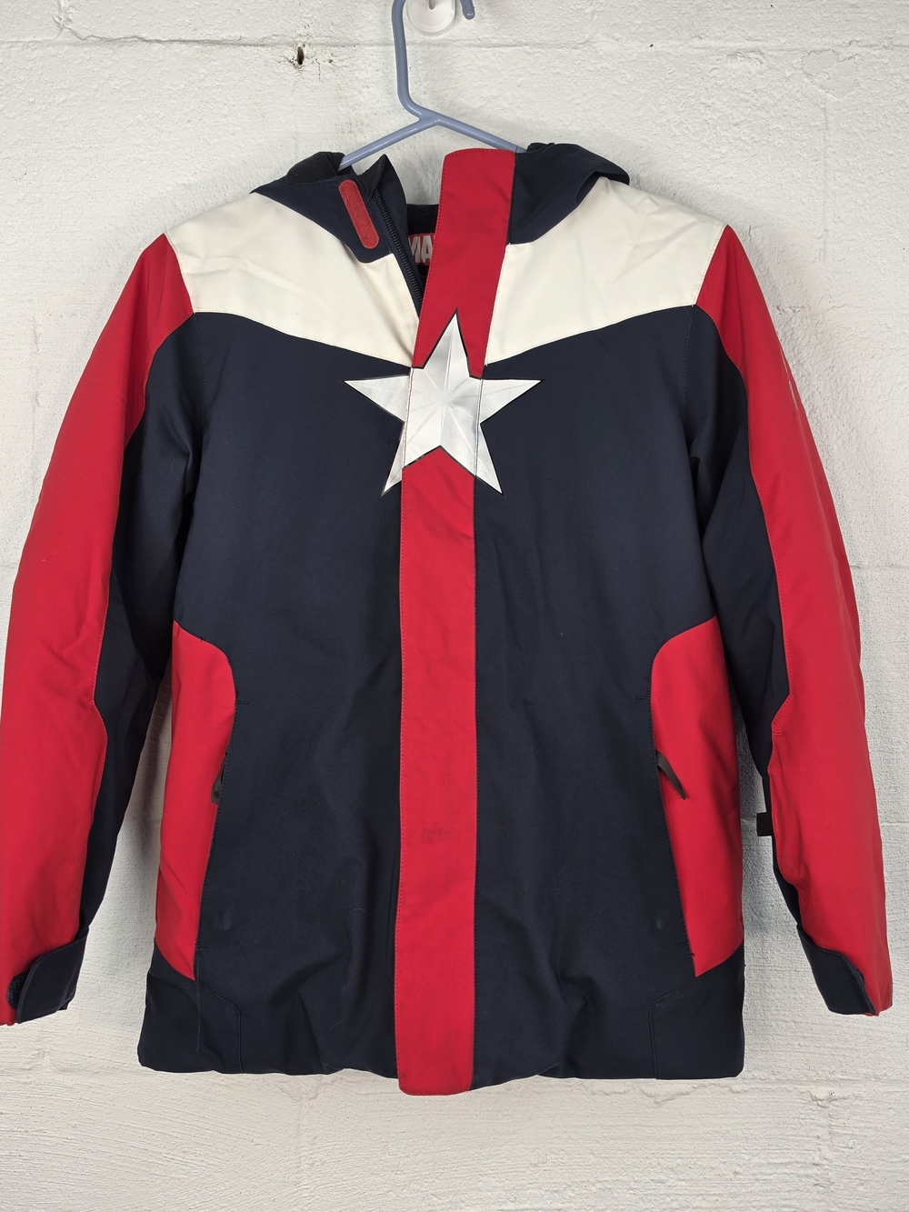Spyder X Marvel Boy's Navy, Red & White Star Hooded Puffer Jacket